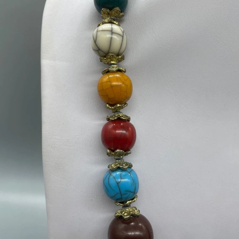 Boho Chunky Multi Color Bead Necklace Brass Filigree Statement 22 Inch Vintage‎